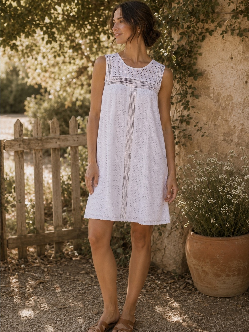 DENVER HAYES | 100% Cotton Eyelet Mini Dress | White Summer Sleeveless Sundress